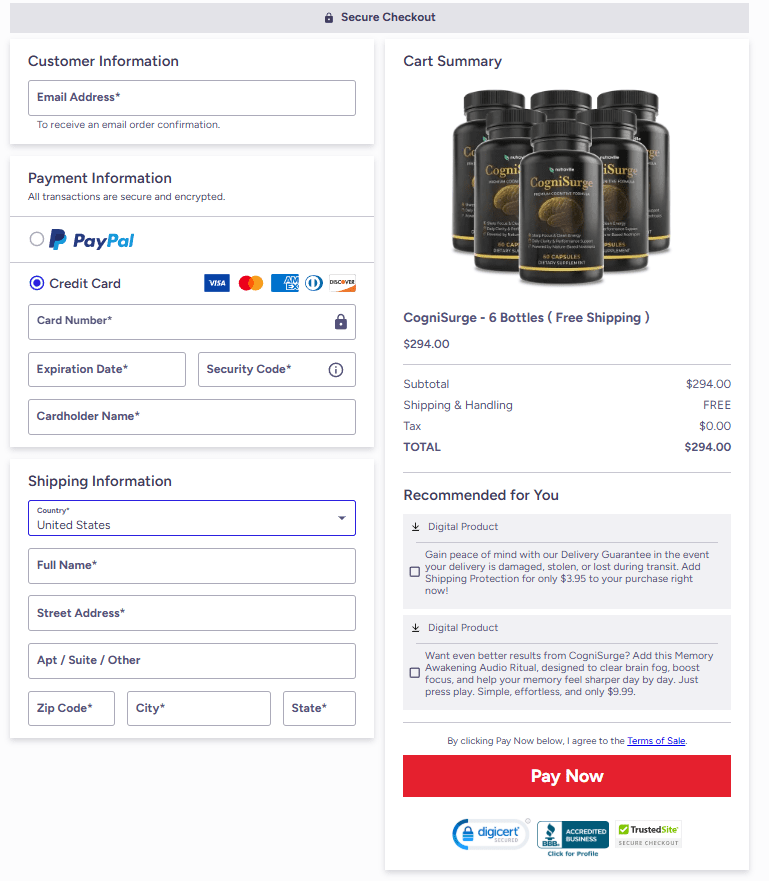CogniSurge order checkout page